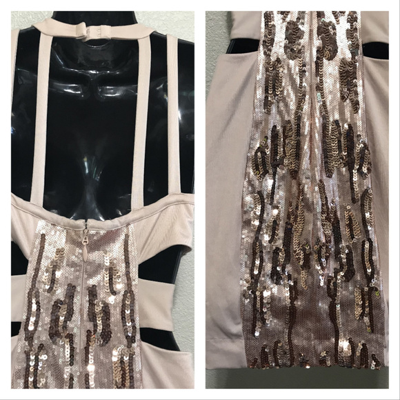 BEBE Nude gold sequin sexy cut out bodycon dress - Picture 7 of 8